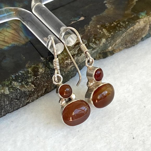 Sterling Silver 950 1.26" Oval Bezel Set Carnelian Gemstone Dangle Earrings 3.5g - Picture 4 of 16